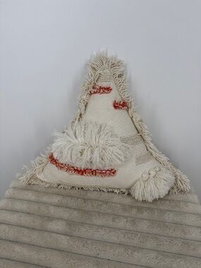 Neutral Cream Triangle Fringe Accent Pillow with Coral Stitching